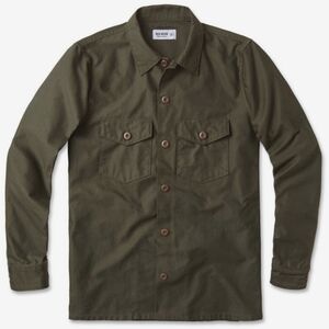 Buck Mason Men's Olive Green Cotton Work Field Military Shirt Large
